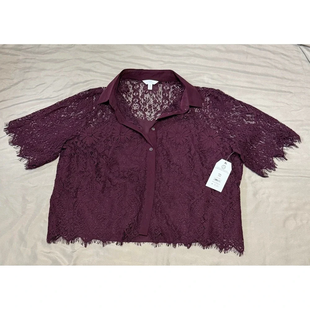 Time & Tru Womens XXL Burgundy Lace Button Down Shirt with Cami NWT